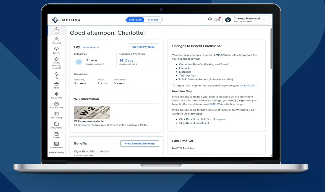The Emplova employee portal on a laptop